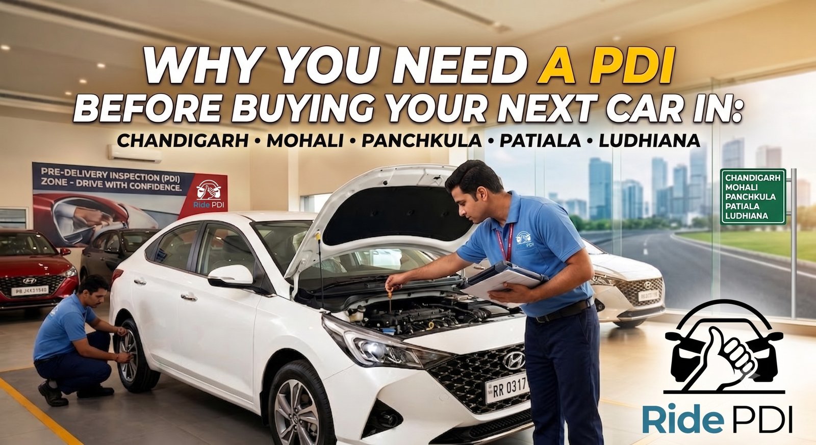 An educational infographic for Ride PDI, featuring a split scene of mechanics conducting a pre-delivery inspection on a white Hyundai sedan in a showroom. Text details why a PDI is essential for car buyers in Chandigarh, Mohali, Panchkula, Patiala, and Lu