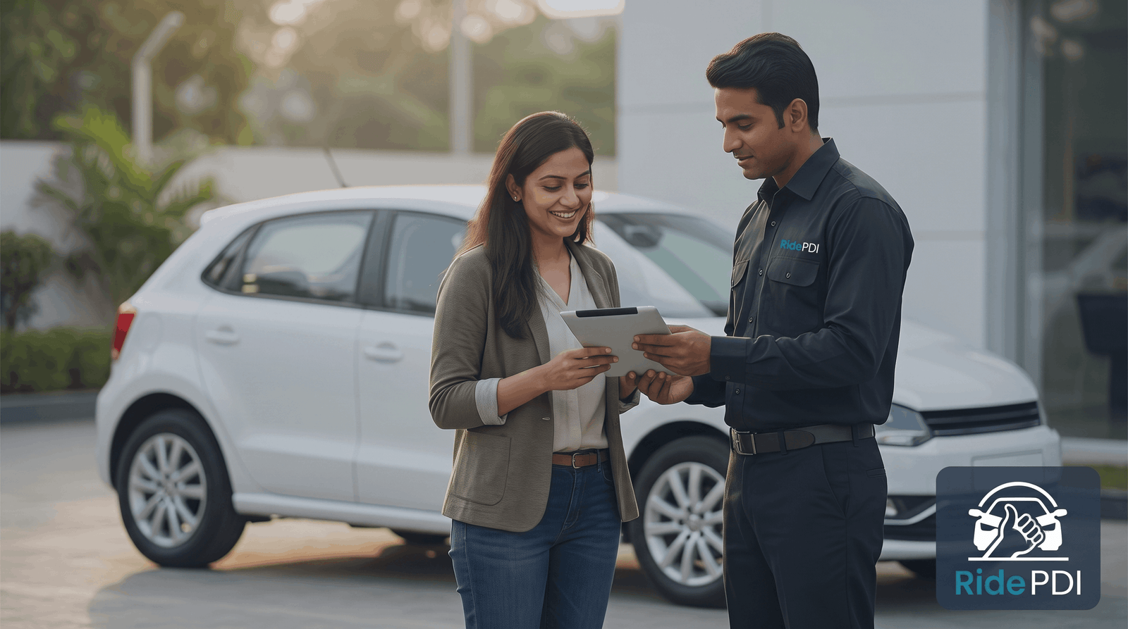 A smiling verified Ride PDI customer shaking hands with a Ride PDI inspector holding a 'PDI Passed' tablet next to a new white car inside a showroom.